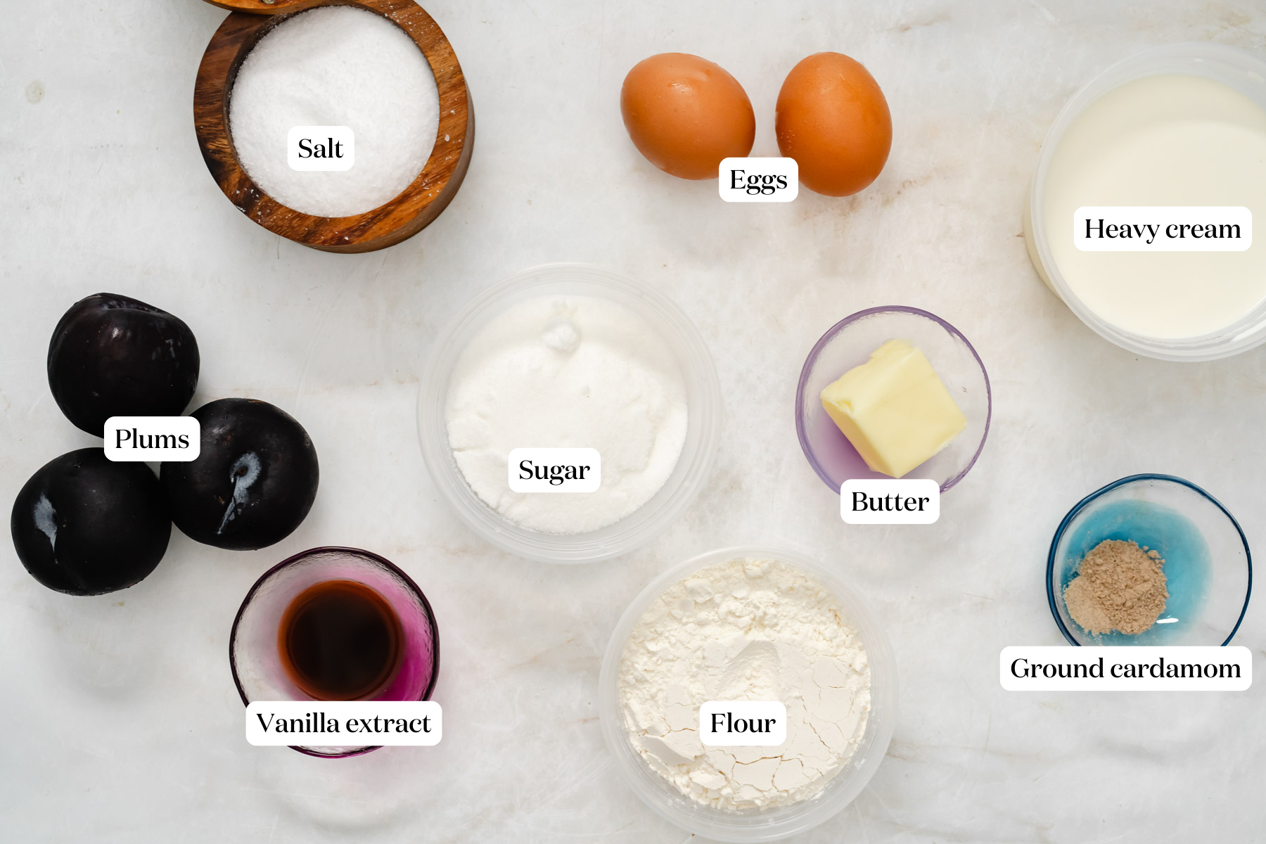 labeled ingredients for plum cardamom clafoutis.