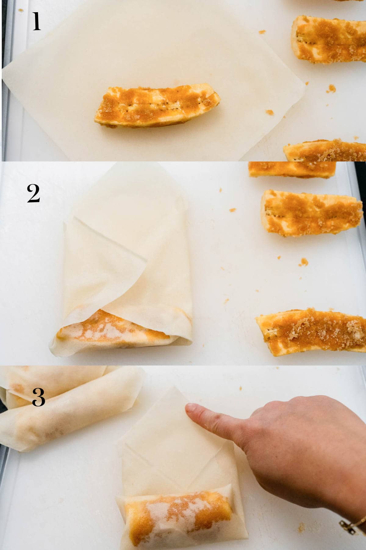 3 process shots of wrapping bananas in spring roll wrapper.