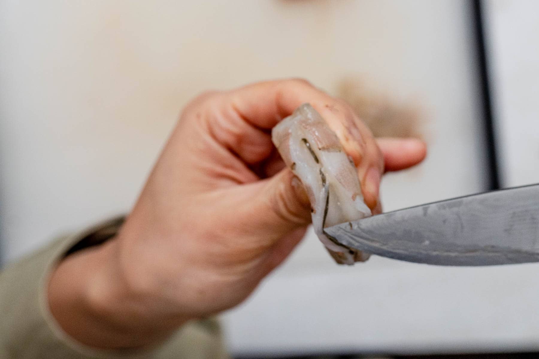 deveining shrimp with pairing kinfe.