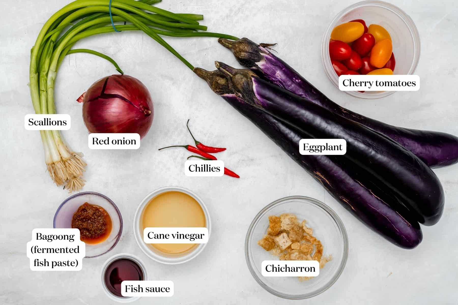 labeled ingredients for ensaladang talong.