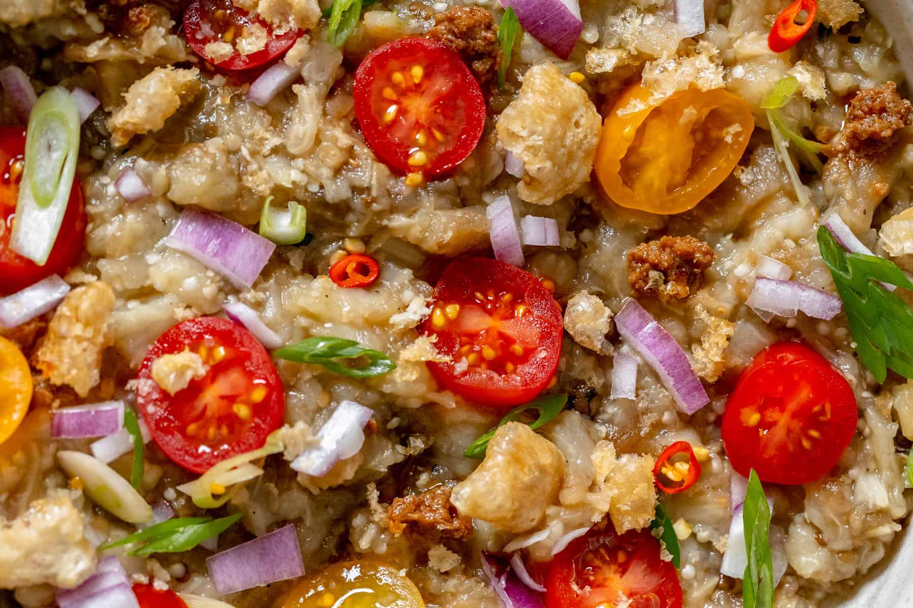 close up of ensaladang talong and toppings.