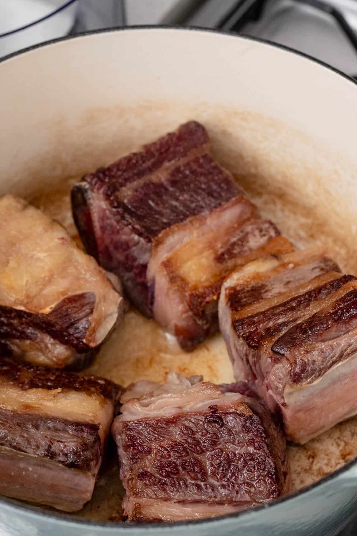 searing short ribs in a dutch oven.