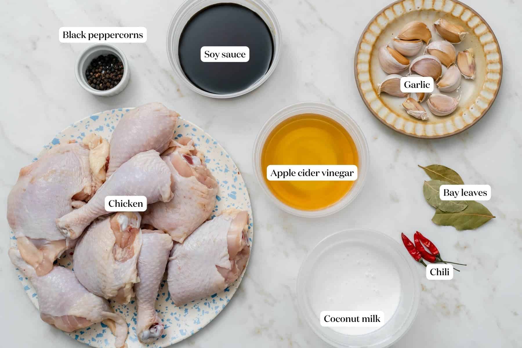 labeled ingredients of chicken adobo.
