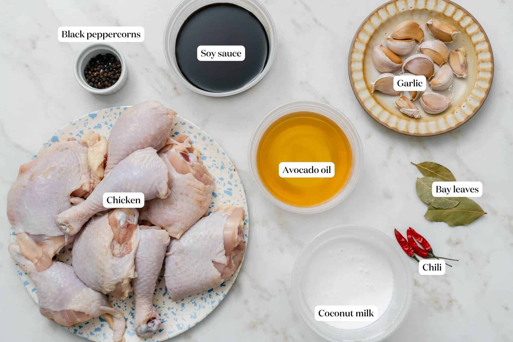 labeled ingredients chicken adobo.