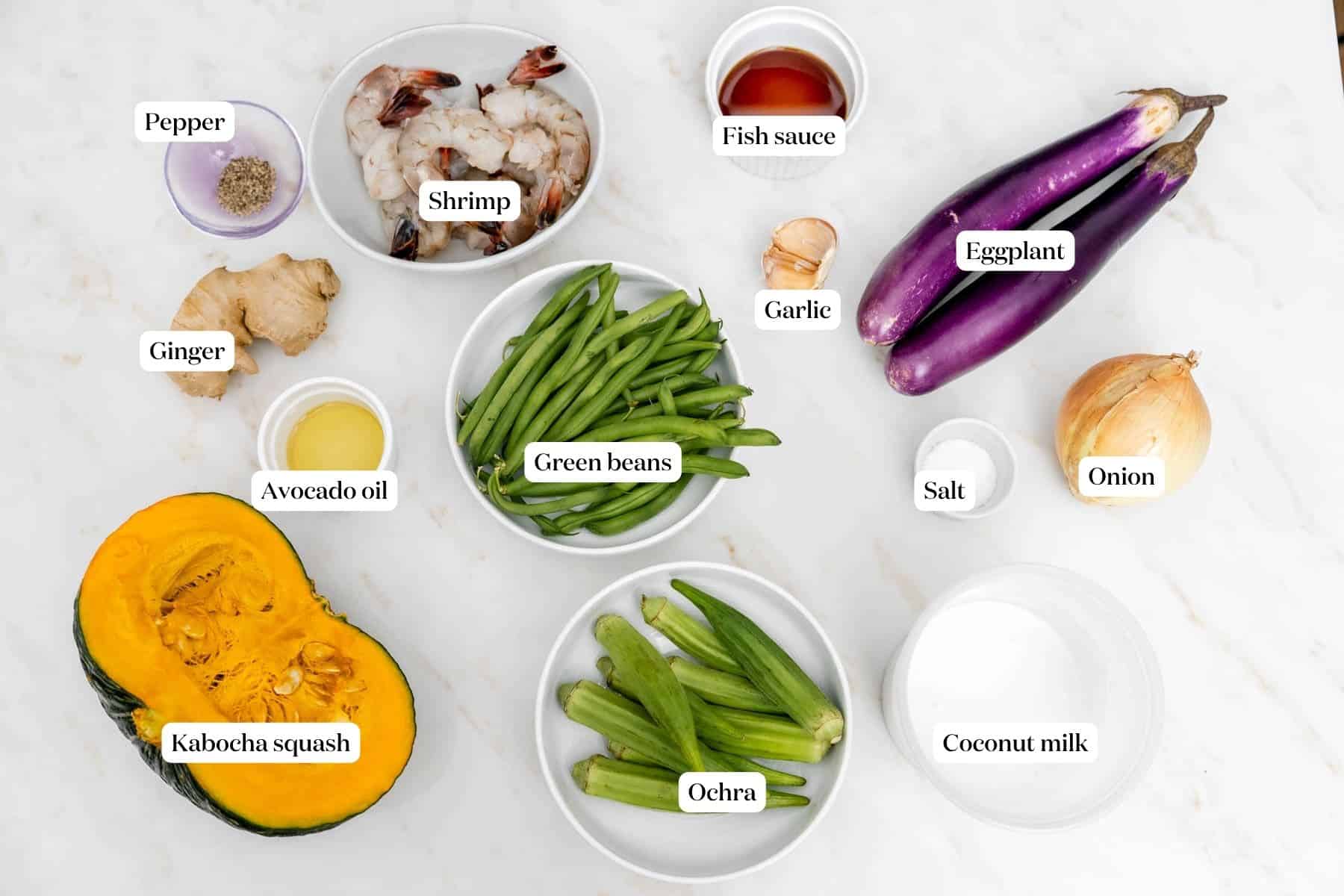 labeled ingredients for ginataang gulay.