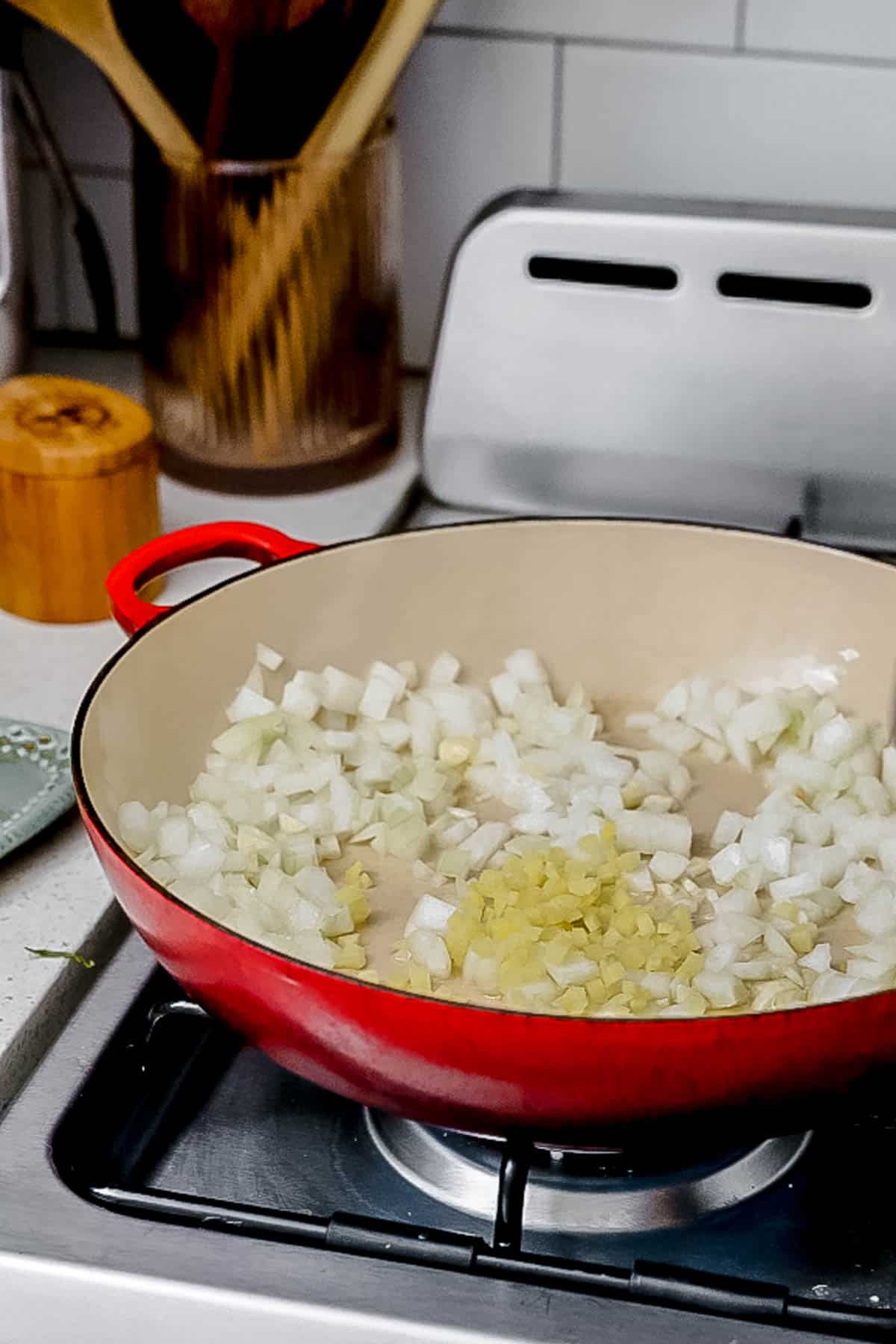 saute garlic, onion and ginger on pan.