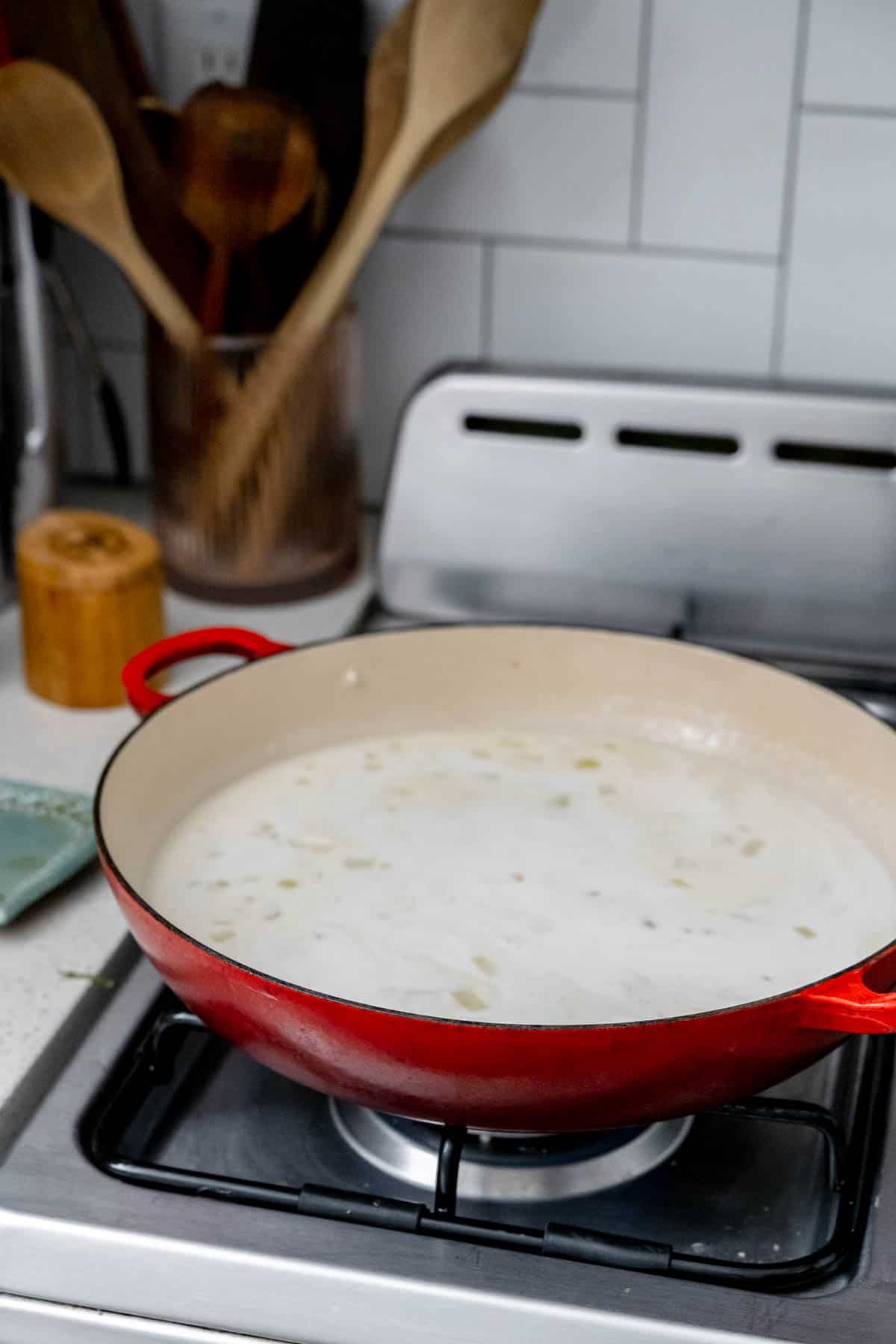 simmering coconut milk in pan.