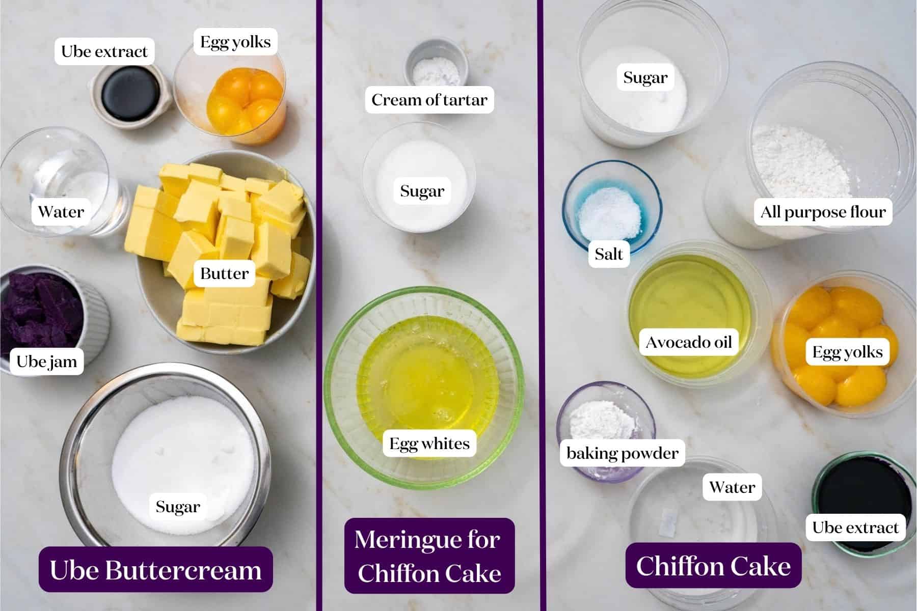 labeled ingredients for ube cake.