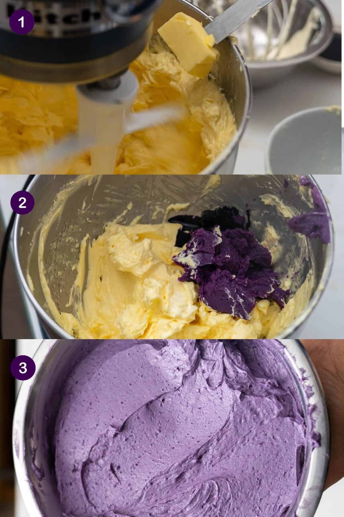 3 steps of ube buttercream.