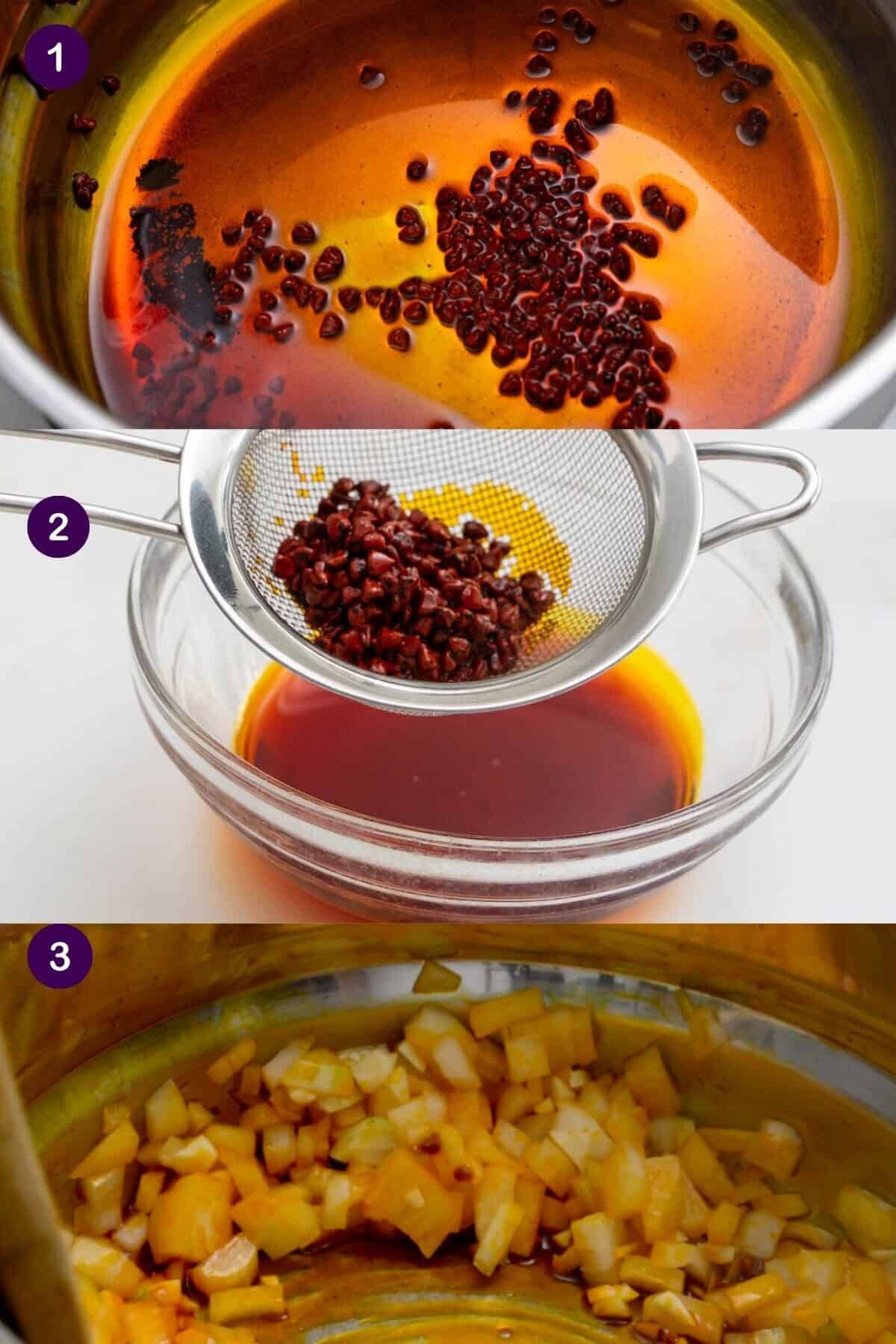 2 images of steps preparing annatto oil.