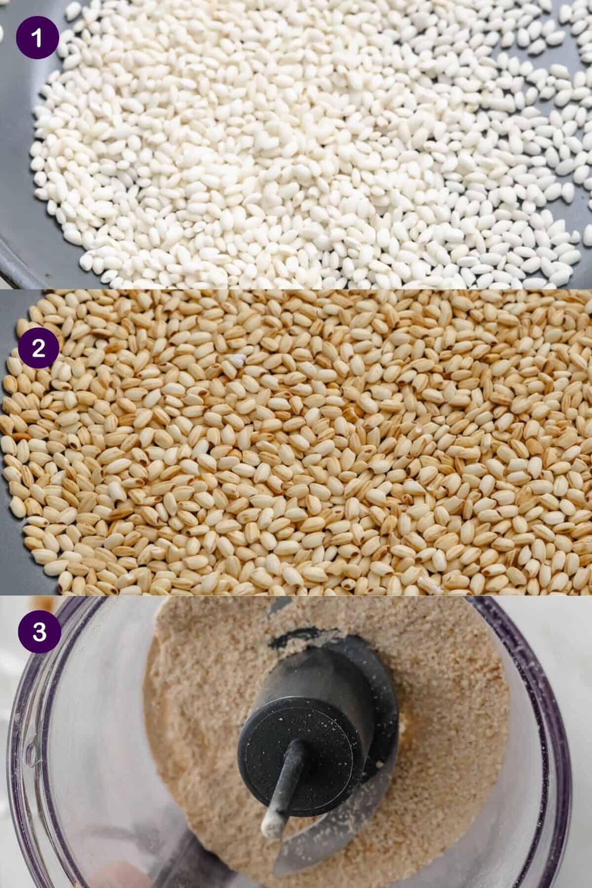 3 images of toasting and grinded glutinous rice.