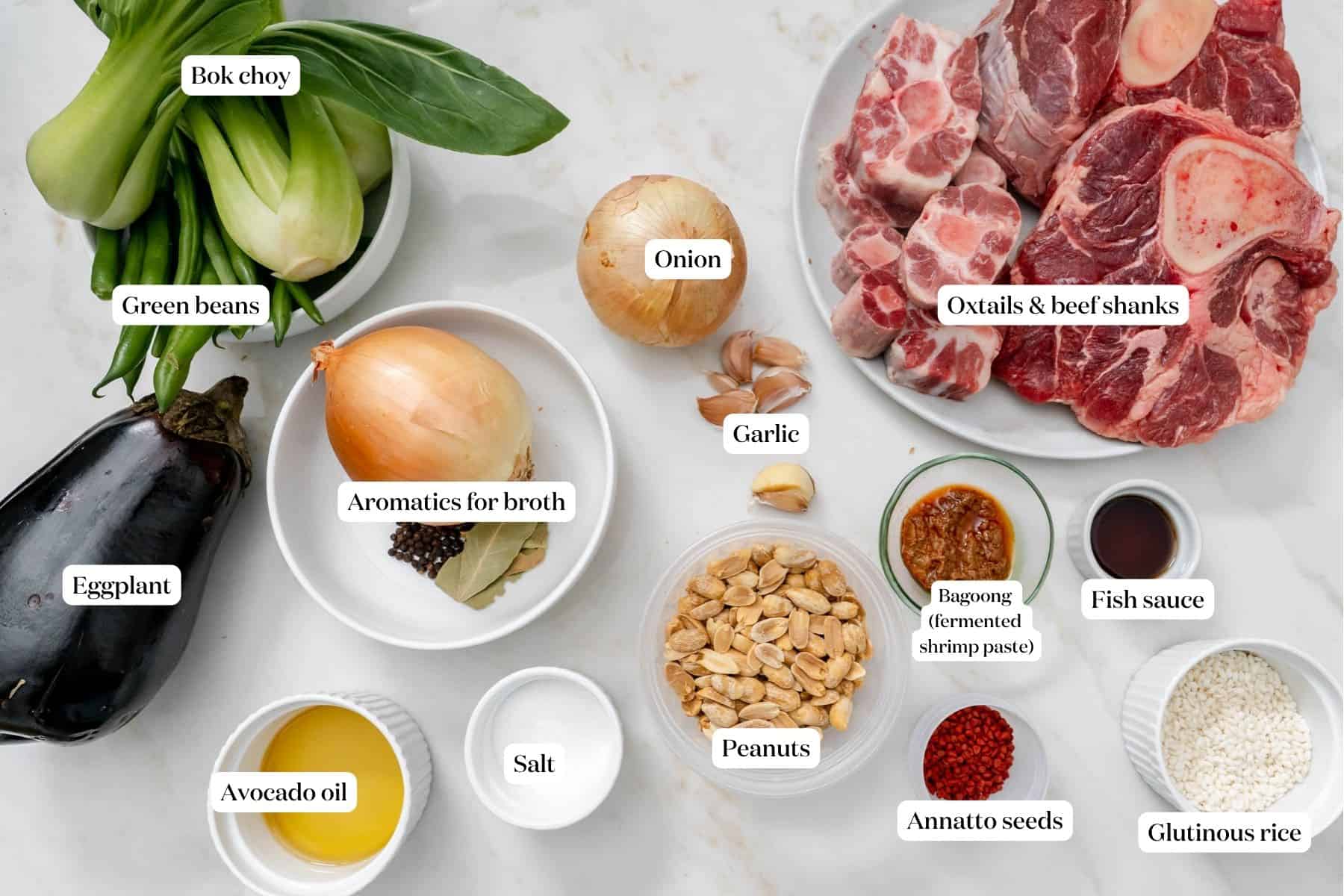 labeled ingredients for kare kare.