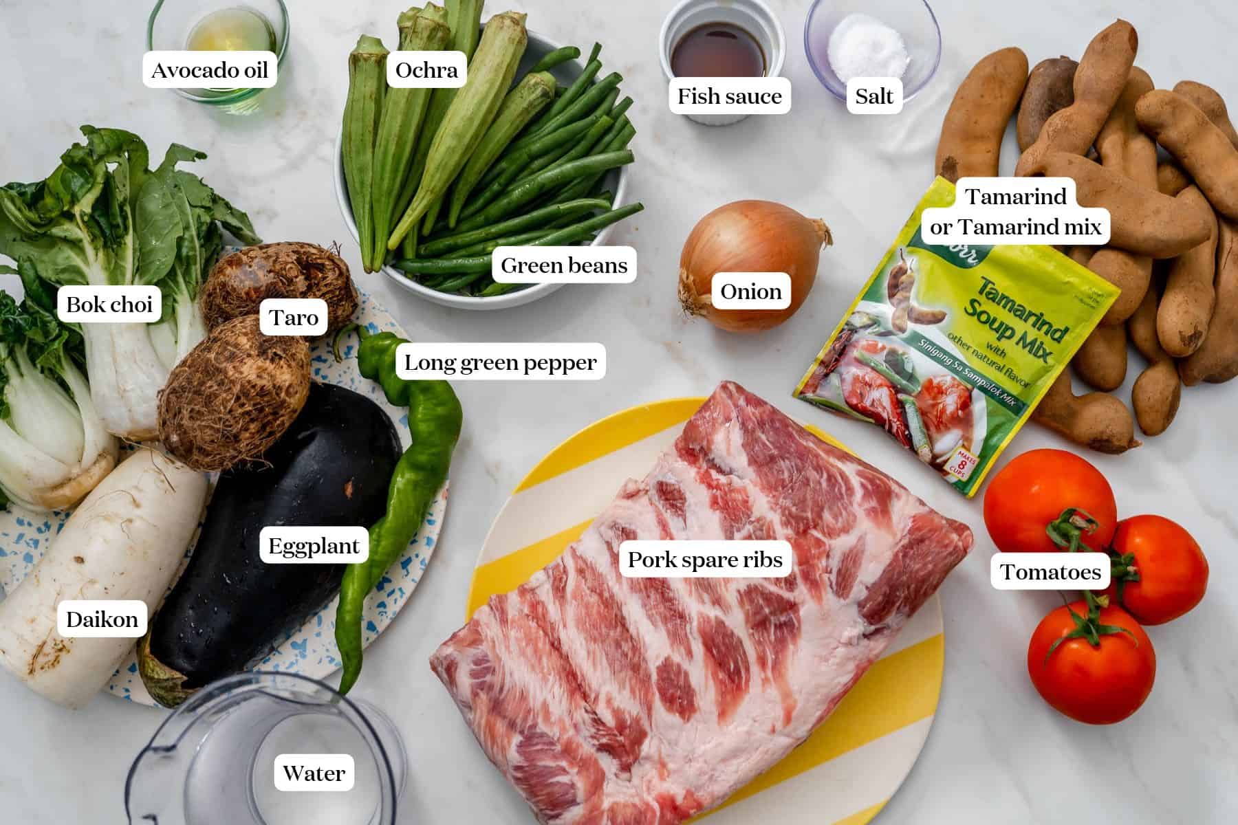 labeled ingredients of pork sinigang.
